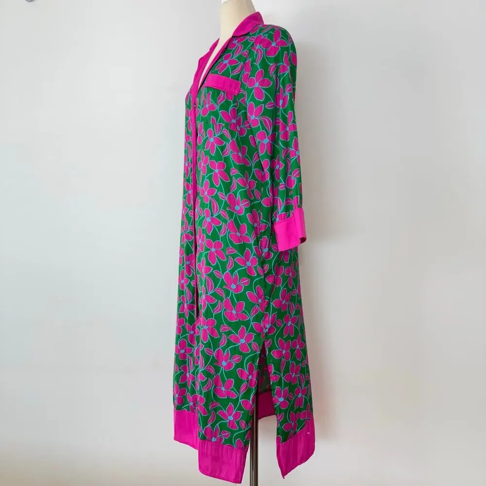 Kate Spade Floral Vines Sleep Shirt Pajama Lounge Dress Robe Kaftan Green/Pink M